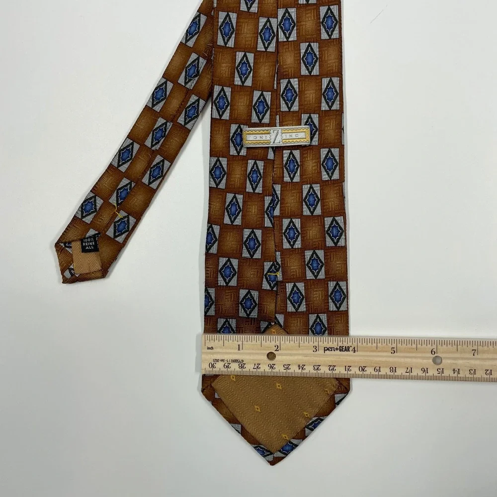 Zylos Bronze Blue Geometric Silk Necktie Mens One Size